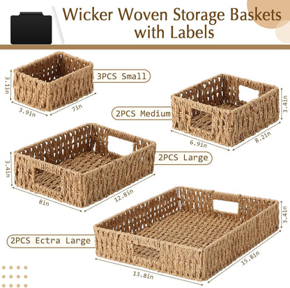 Marsui 9 Pcs Wicker Storage Baskets for Pantry Organization with Handle Labels Handwoven Multi-size Dark Brown Small Organizer Baskets Storage Bin Container for Shelves Closet Toilet Christmas Holiday