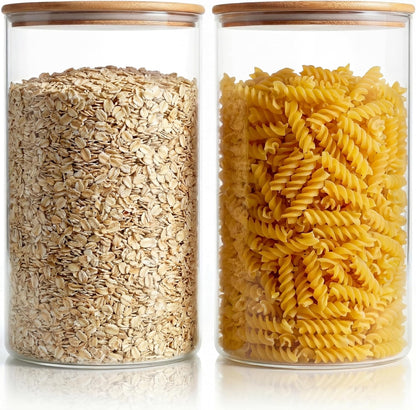32oz - Glass Jars with Bamboo Lids, Glass Pantry Storage Containers with Airtight Lids, Round Air Tigh Food Storage Canisters for Cereal, Pasta, Flour, Sugar, Rice, Best for Kitchen Organizer