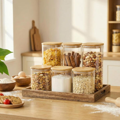 Extra Large Square Glass Flour & Sugar Storage Containers with Airtight Lids, 168 floz - Glass Jars with Bamboo Lids for Pantry, Air tight Food Storage Containers for Cereal, Pasta, Rice