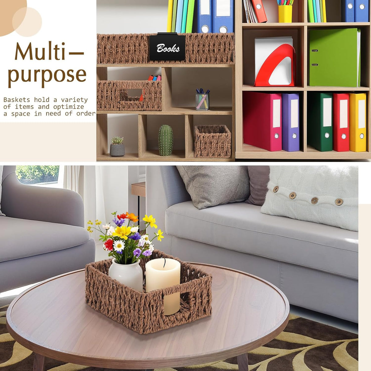 Marsui 9 Pcs Wicker Storage Baskets for Pantry Organization with Handle Labels Handwoven Multi-size Dark Brown Small Organizer Baskets Storage Bin Container for Shelves Closet Toilet Christmas Holiday