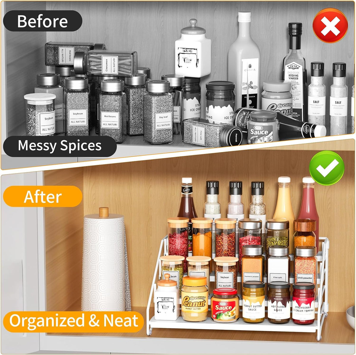 RCHYFEED Spice Rack Organizer for Cabinet Pantry,4 Tier Spice Rack Countertop, Depth Adjustable Spice Organization for Cabinet,Tierd Seasoning Organizer for Cabinet(Black) | for Cabinet Pantry