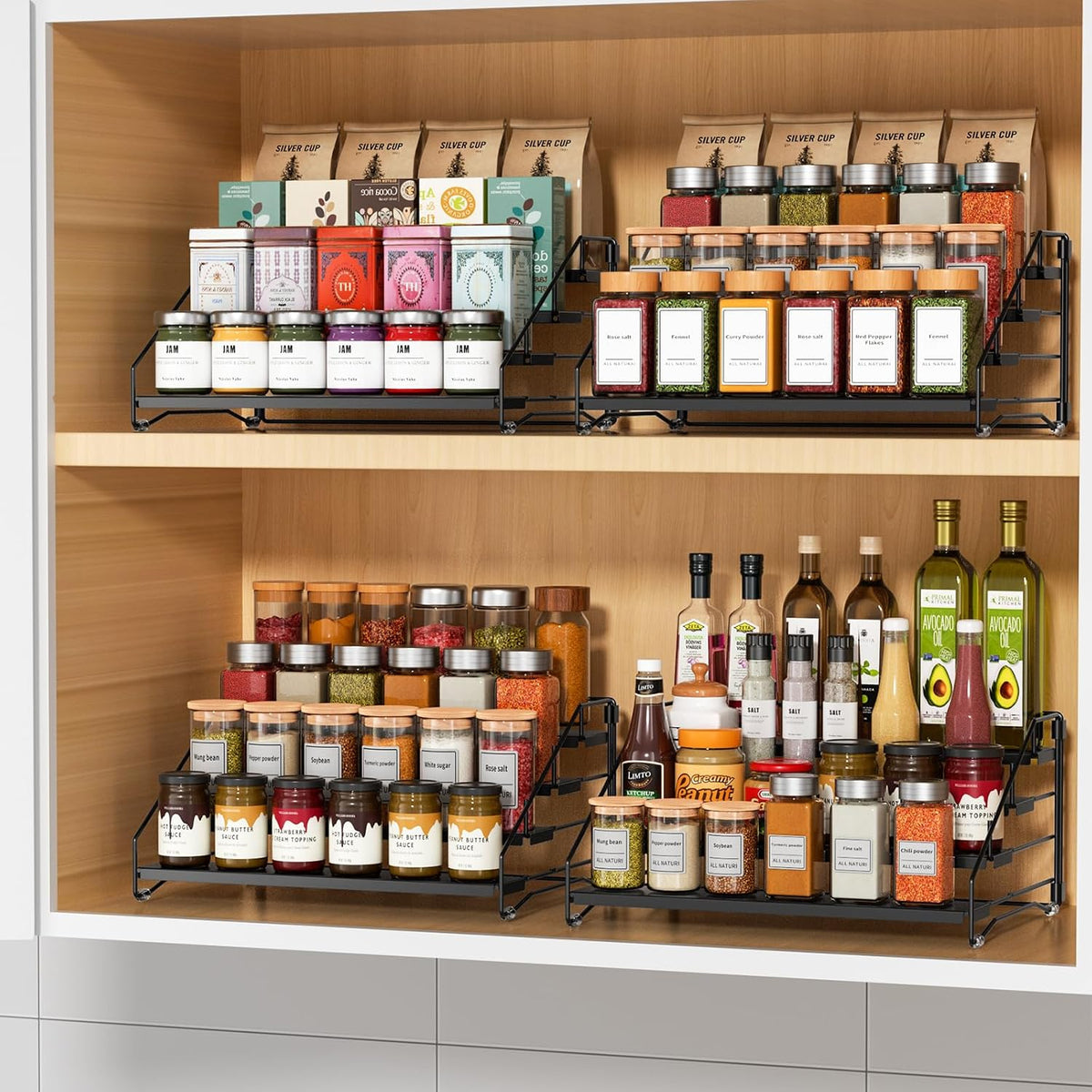 RCHYFEED Spice Rack Organizer for Cabinet Pantry,4 Tier Spice Rack Countertop, Depth Adjustable Spice Organization for Cabinet,Tierd Seasoning Organizer for Cabinet(Black) | for Cabinet Pantry