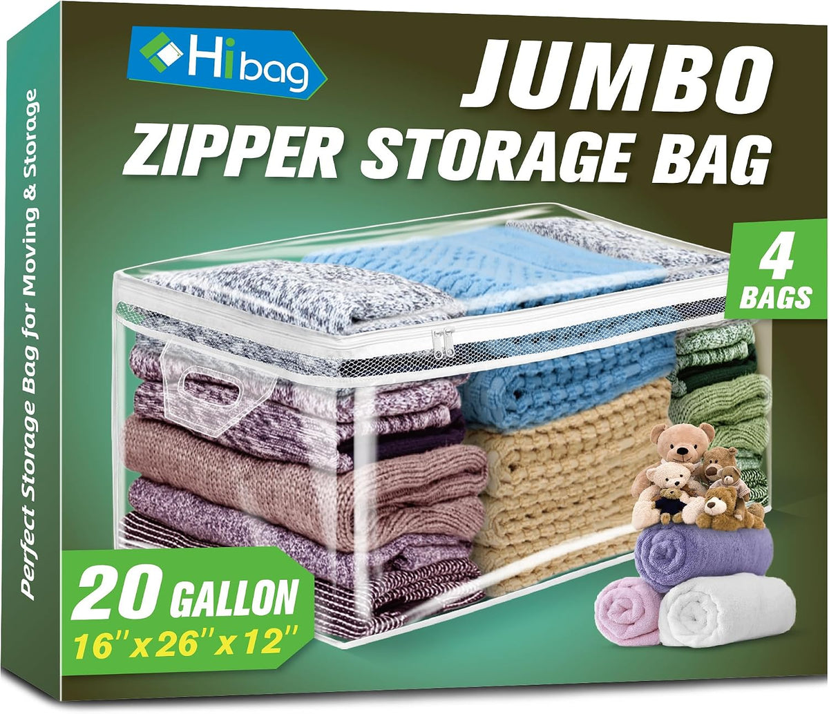 HIBAG 20 Gallon Large Storage Bag for Clothes, Zipper Clothing Storage Bag, Clear Organizer with Reinforced Handles, for Comforters Blankets Pillows Bedding