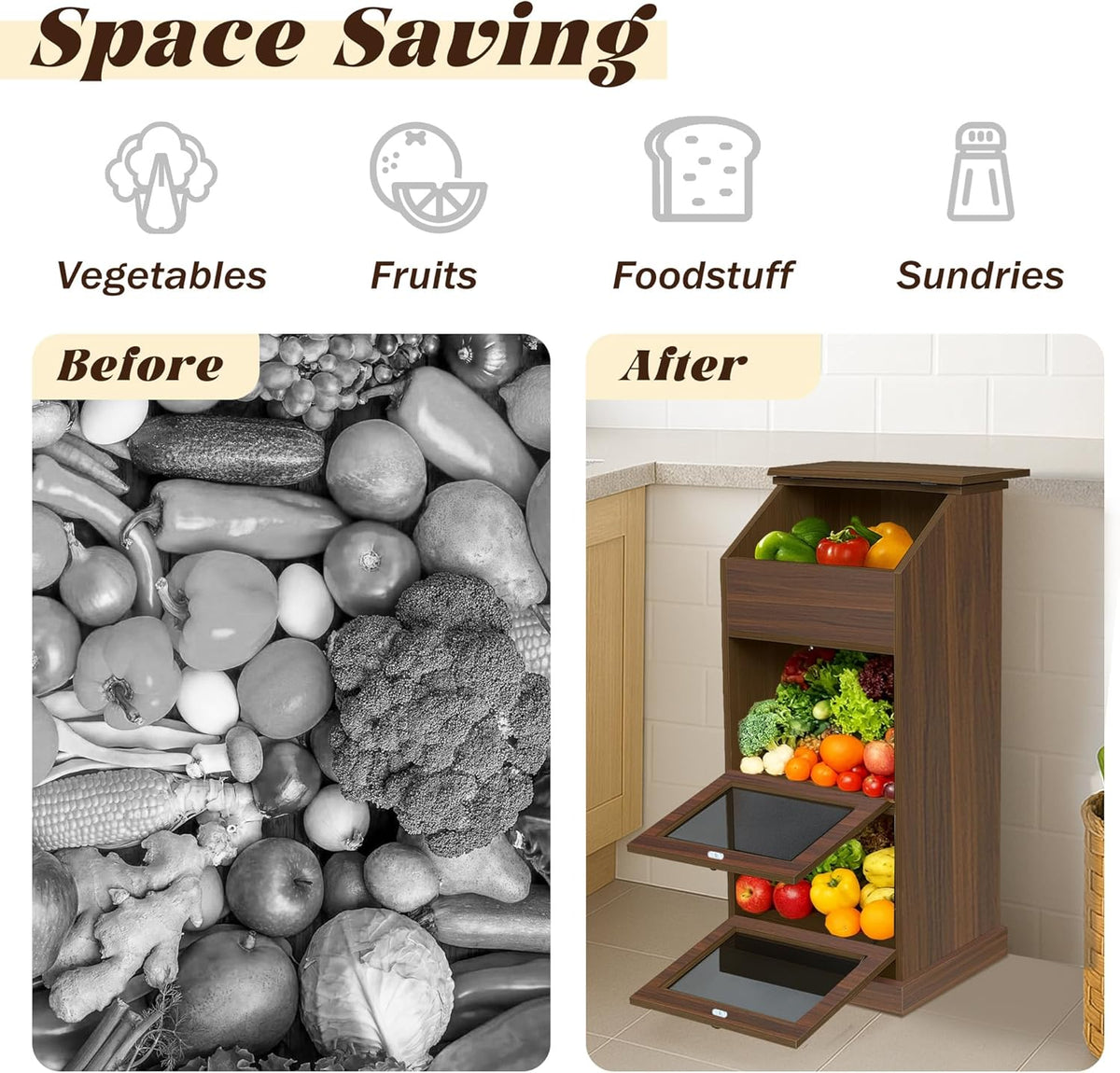 Potato Storage Bin, 3-Tier Potato and Onion Storage Bin with Lid, Wooden Bread Box for Fruit and Vegetable,Food Storage Containers for Kitchen Pantry (Oak)