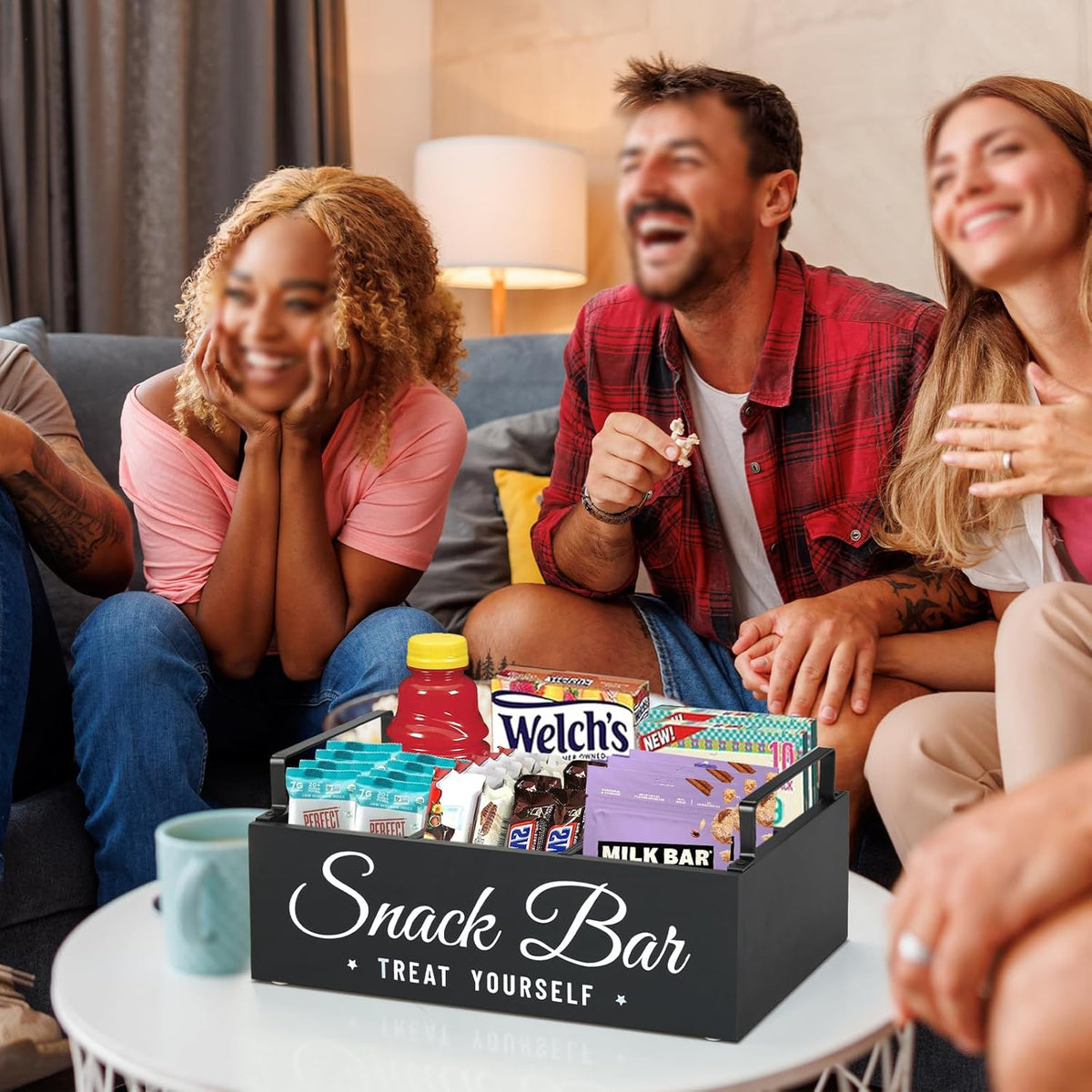 Snack Organizer for Countertop, Wood Pantry Storage Bins with Handles, Snack Bar Organizer for Kitchen, Office, 4 Compartment Food Container Snack Box with Drawer, Pantry Organizer for Chips, Candy