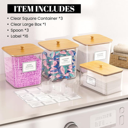 HomePekite Laundry Pods Storage Container, Clear Laundry Room Organization and Storage,Detergent Powder Container,with Wooden Lids & Labels, 3+