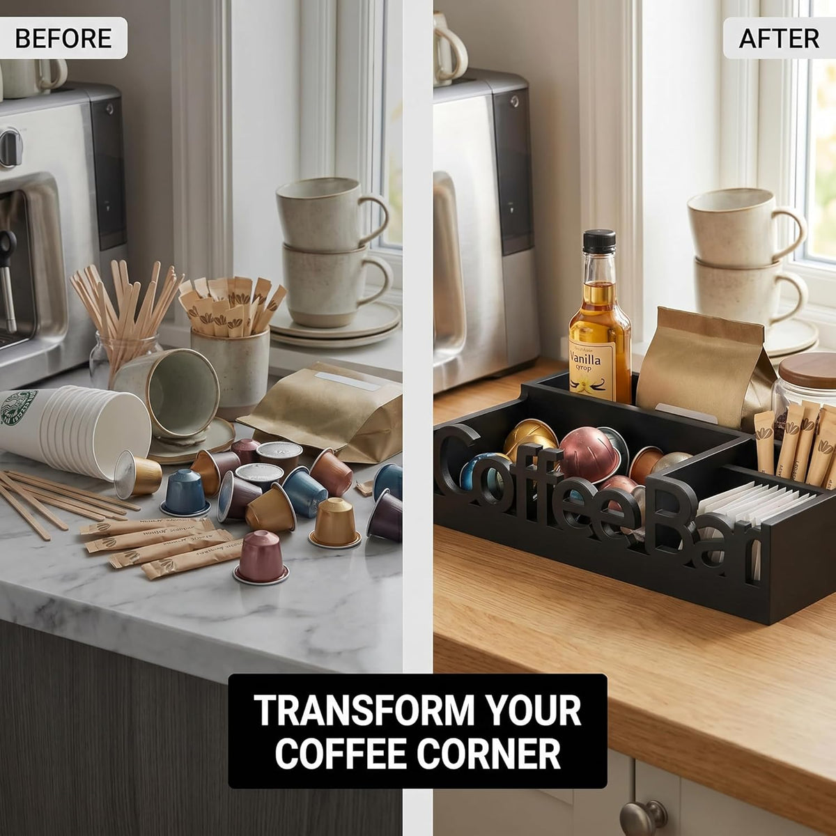 Coffee Bar Organizer for Countertop – Wooden Coffee Caddy with Compartments for Pods, Sugar Packets, and Accessories – Coffee Condiment Station Storage for Home and Office (Black)