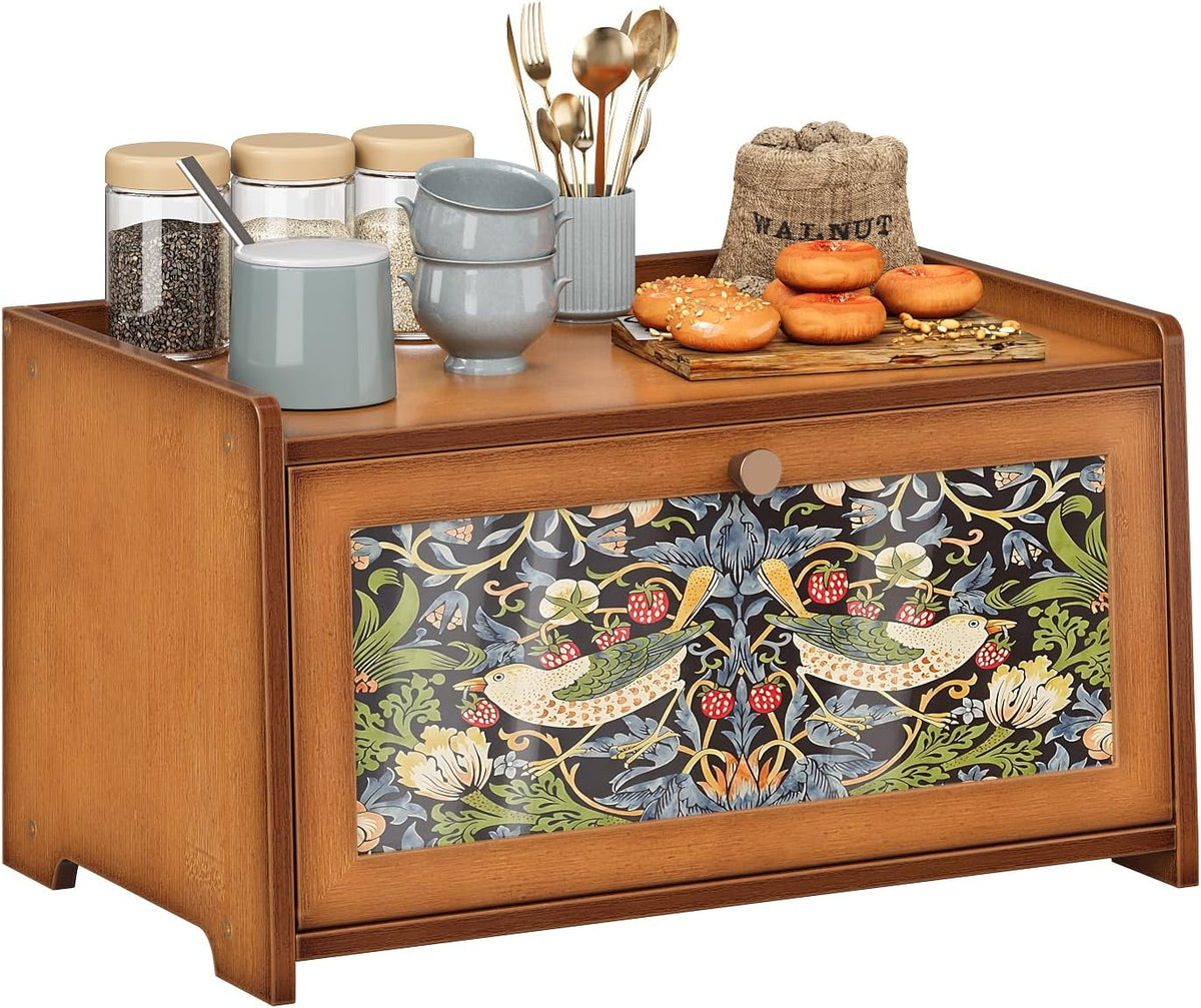 Trironsun Bread Box for Kitchen Counter Black Bread Storage Container with Acrylic Door William Morris Flower Bird Design Farmhouse Breadbox Organizer (Black)
