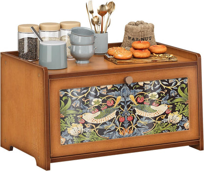 Trironsun Bread Box for Kitchen Counter Black Bread Storage Container with Acrylic Door William Morris Flower Bird Design Farmhouse Breadbox Organizer (Black)