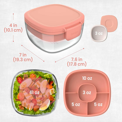 Bentgo Glass Prints Salad Container - 7.6-Cup Tinted Glass Salad Bowl with Airtight Lid, Leak-Proof Sauce Container, 4-Compartment Bento Meal Prep Tray & Reusable Fork (Floral Maximalist - Sea)