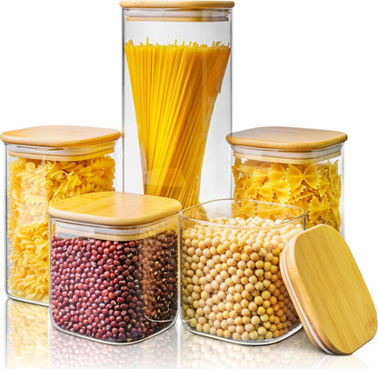 Extra Large Square Glass Flour & Sugar Storage Containers with Airtight Lids, 168 floz - Glass Jars with Bamboo Lids for Pantry, Air tight Food Storage Containers for Cereal, Pasta, Rice