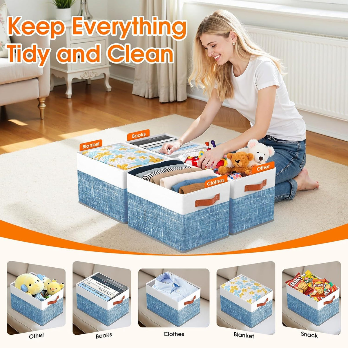 Fab totes Collapsible Storage Baskets for Shelves,14"x10", Foldable Fabric Storage Bins with Double Leather Handles, Large Baskets for Organizing Books, Clothes, White & Grey