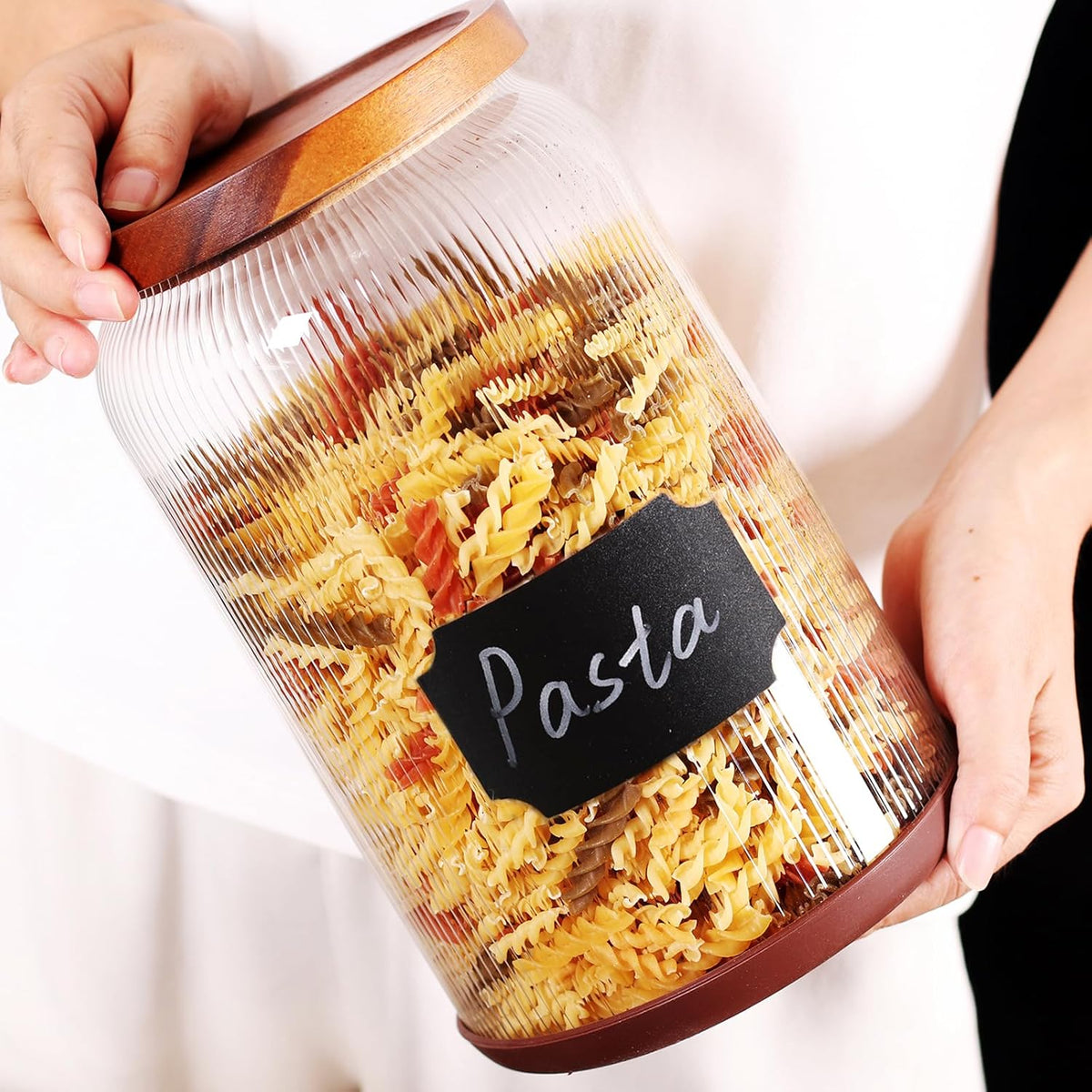 SAIOOL 2-Pack Striped Borosilicate Glass Airtight Canisters - Big mouth Large Capacity, Acacia Wood Lid, Food Storage Jars for Flour, Pasta, Pantry Organization (1/2 Gallon （Yellow Press lid 2 pack）)