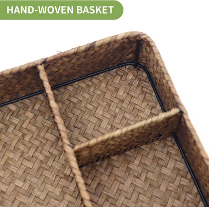 Wicker Baskets 4-Section Tea Bag/Sugar Packet Holder,Seagrass Woven Compartment Organizer,Storage Rattan Divided Basket,Office-Desk Baskets for Shelves,Pantry,Coffee Station Organizer,Countertops