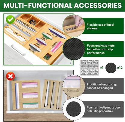 Sandwich Bag & Organizer, Aluminum Foil & Plastic Wrap Cutter, Bamboo Drawer Storage for Gallon, Quart Bags & 12" Rolls (9 in 1)