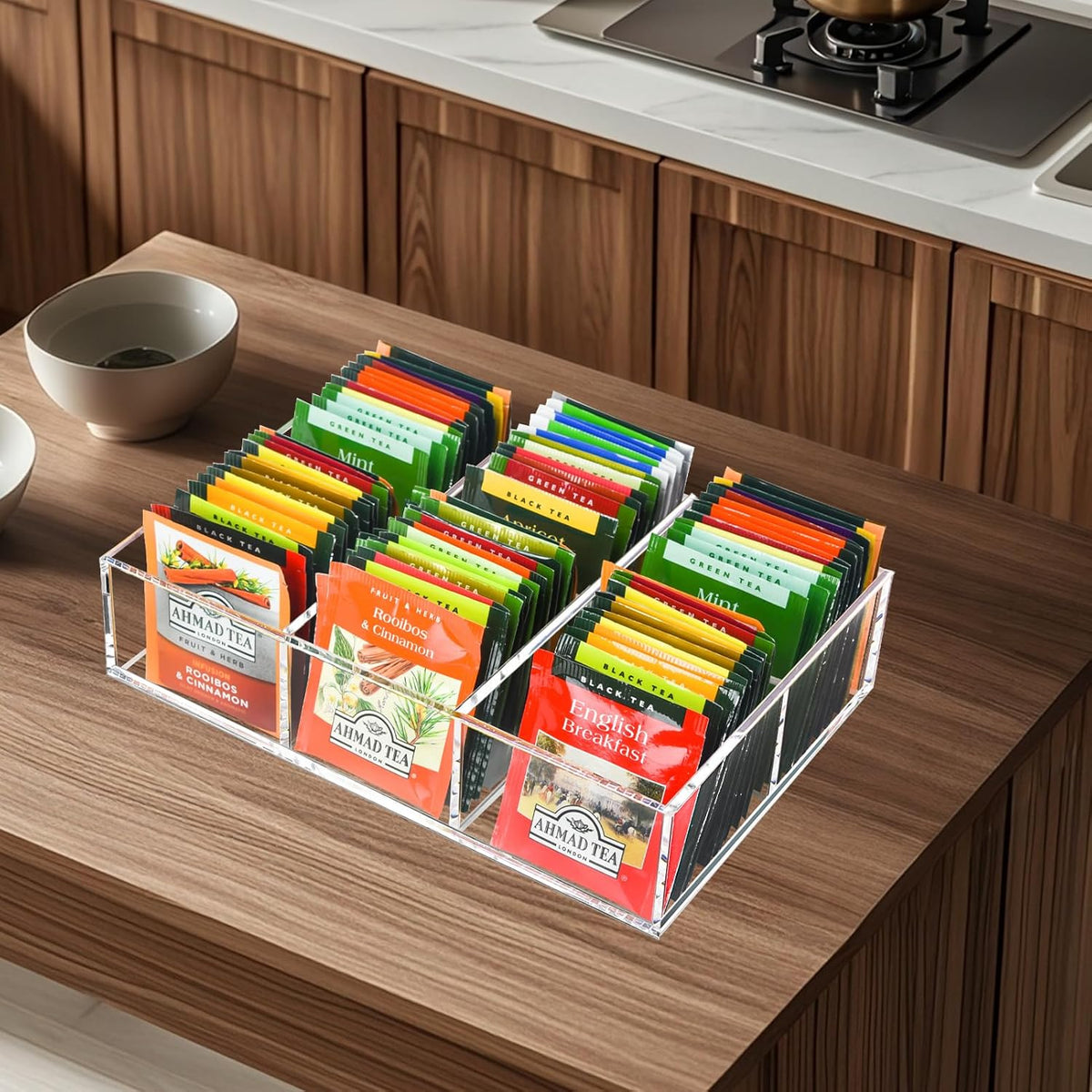 Tasybox Tea Bag Organizer, Clear Acrylic Tea Bag Holder with 6 Slot, Tea Packet Storage for Drawer, Pantry, Kitchen, Cabinet, Countertop