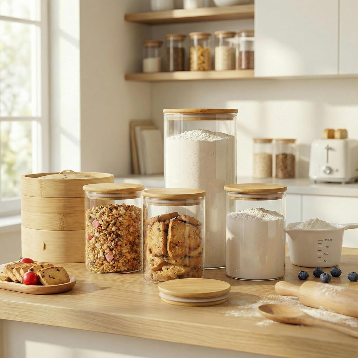 32oz - Glass Jars with Bamboo Lids, Glass Pantry Storage Containers with Airtight Lids, Round Air Tigh Food Storage Canisters for Cereal, Pasta, Flour, Sugar, Rice, Best for Kitchen Organizer