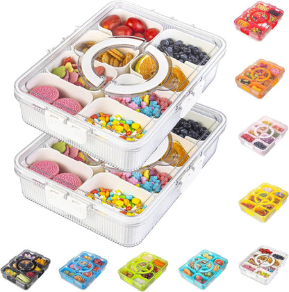 Patent Design Ribbed Snackle Box Container Snack Container Divided Serving Tray with Lid and Handle, 8 Divider Portable Snacklebox for Travel Beach for Charcuterie Veggie Fruit Candy,1 Pack