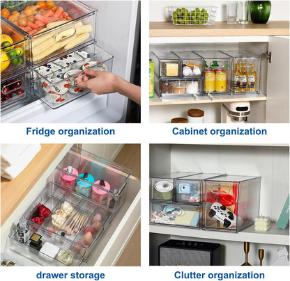 Fridge Drawer Pull Out Stackable Bins, Clear Refrigerator Stackable Organizers, Fridge Organizer Storage for Kitchen, Pantry, Vegetables, Fruits (2 Small + 1 Large)