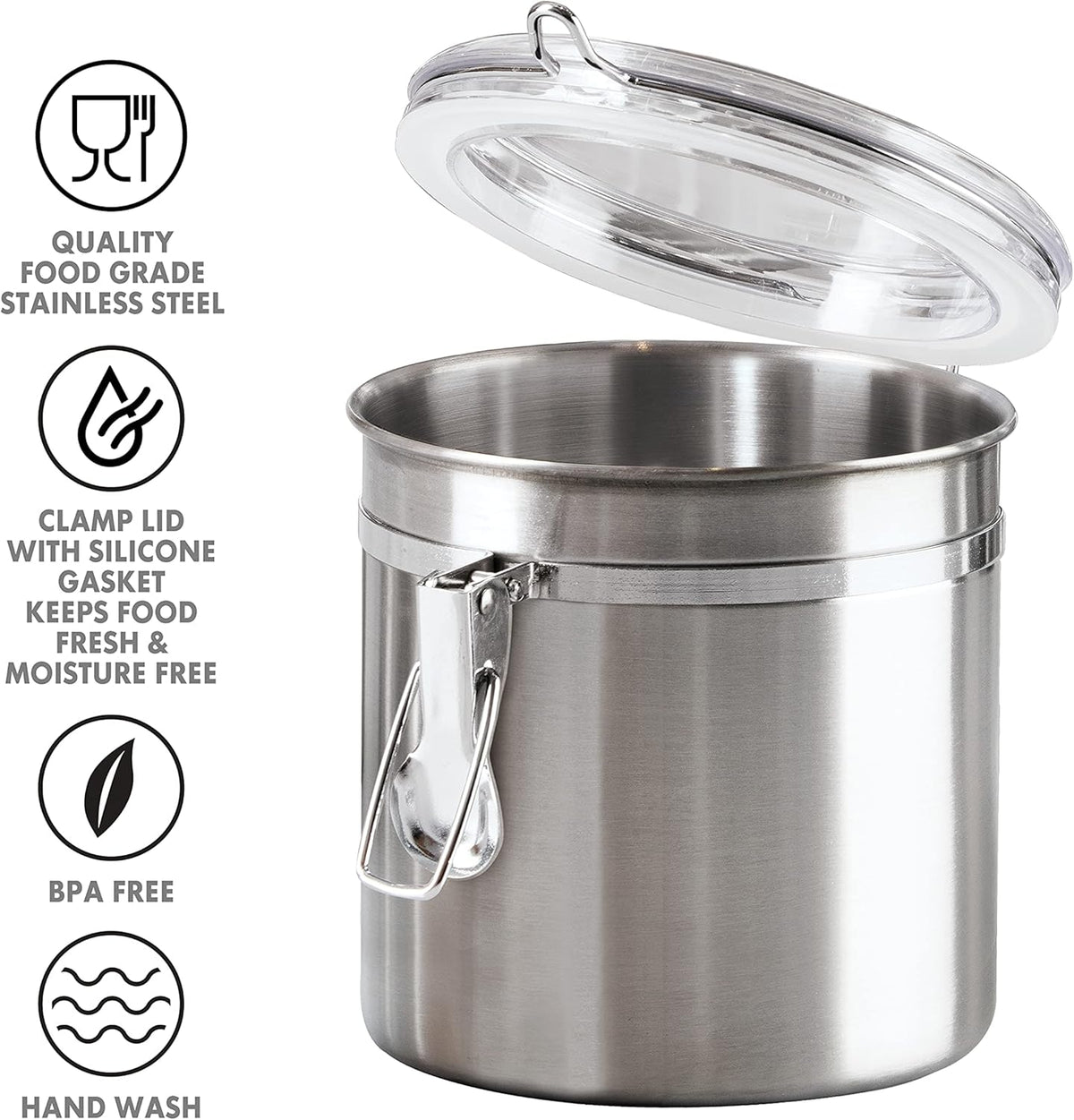 Oggi Stainless Steel Kitchen Canister 152 fl oz - Airtight Clamp Lid, Clear See-Thru Top - Ideal for Kitchen Storage, Food Storage, Pantry Storage. Jumbo Size 8" x 8".