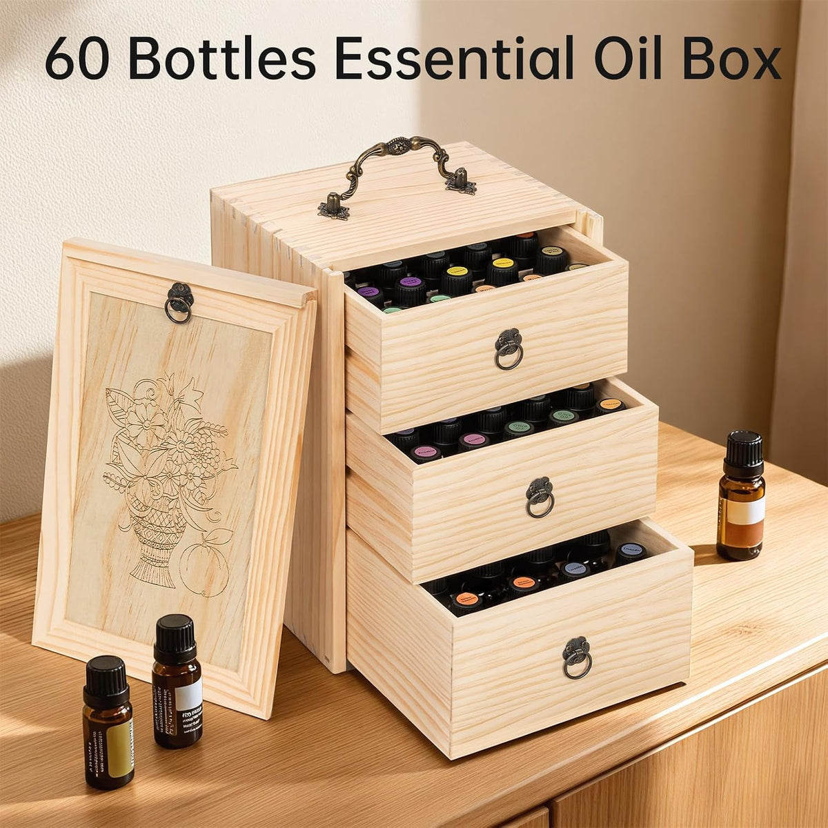 TORIBIO Essential Oil Storage Box for 60 Bottles, Wooden Essential Oils Holder Organizer Holds 5-30ml for Young Living & Doterra Bottles
