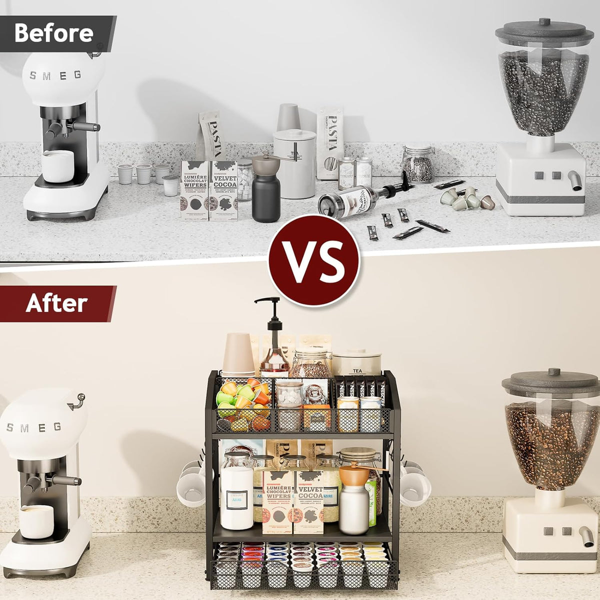 Homsorout Coffee Bar Organizer - Countertop Coffee Station, 42 K Cup holder Storage Basket with Drawer and Hooks for Syrup, Cups, Stirrer, Condiment, Tea Organizer, Black and Brown