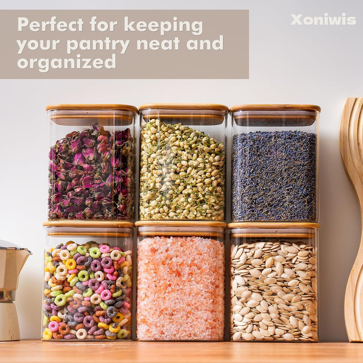 3-Pack 2.2Qt Square Glass Spaghetti Jars with Bamboo Lids, Tall Food Storage Containers for Pantry Organization, Elegant Kitchen Storage Canister for Pasta, Penne, Macaroni, Lasagna, Fusilli