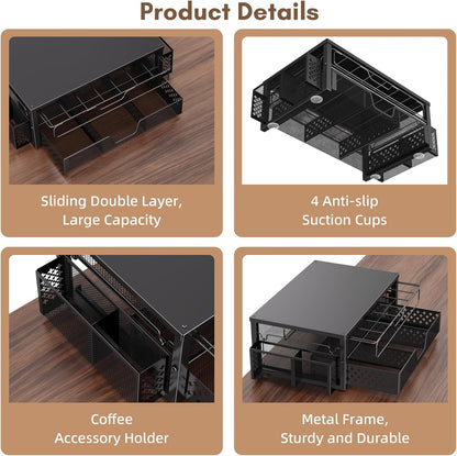 Ekisemio K Cup Organizer, Coffee Pod Holder for Counter with 2 Tier Sliding Storage Drawer & Hanging Baskets, Holds 63 Large or 80 Small Capsules for Coffee Bar, Black