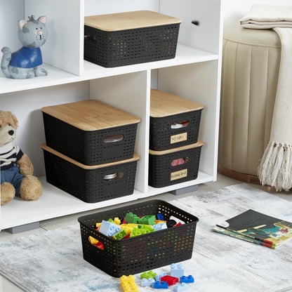 Bagnizer Small Plastic Storage Bins with Bamboo Lids 5.2qt Stackable Box Basket Pantry Decorative Containers Cute with Labels for Organizing Desktop Closet Office Cream White of 10*7.2*4.1"