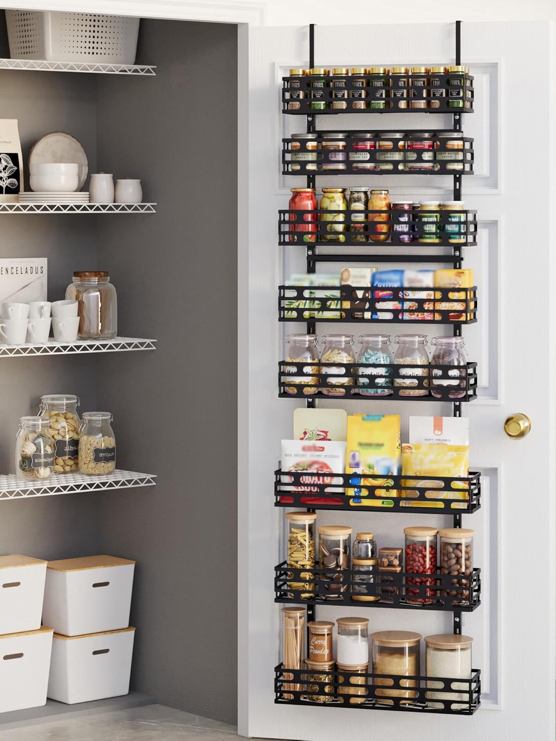 6-Tier Over the Door Pantry Organizer, Pantry Organization And Storage, Hanging Storage Organizer Spice Rack Metal Shelving for Home & Kitchen, Office Laundry Room Bathroom Black