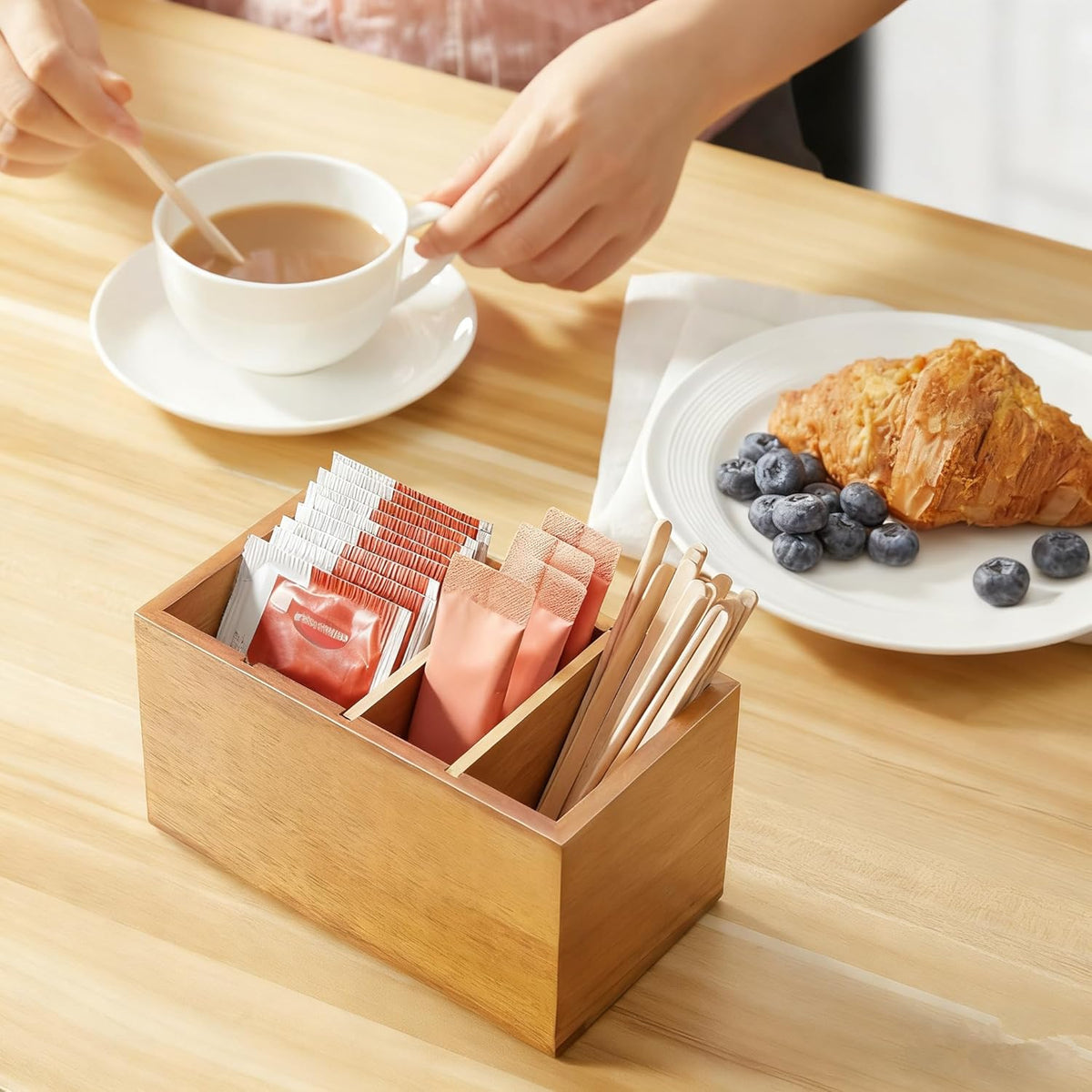 Drink Packet Organizer, Wood Water Flavor Packet Holder with Dividers, Drink Mix Organizer for Drink Station, Kitchen Pantry Organization