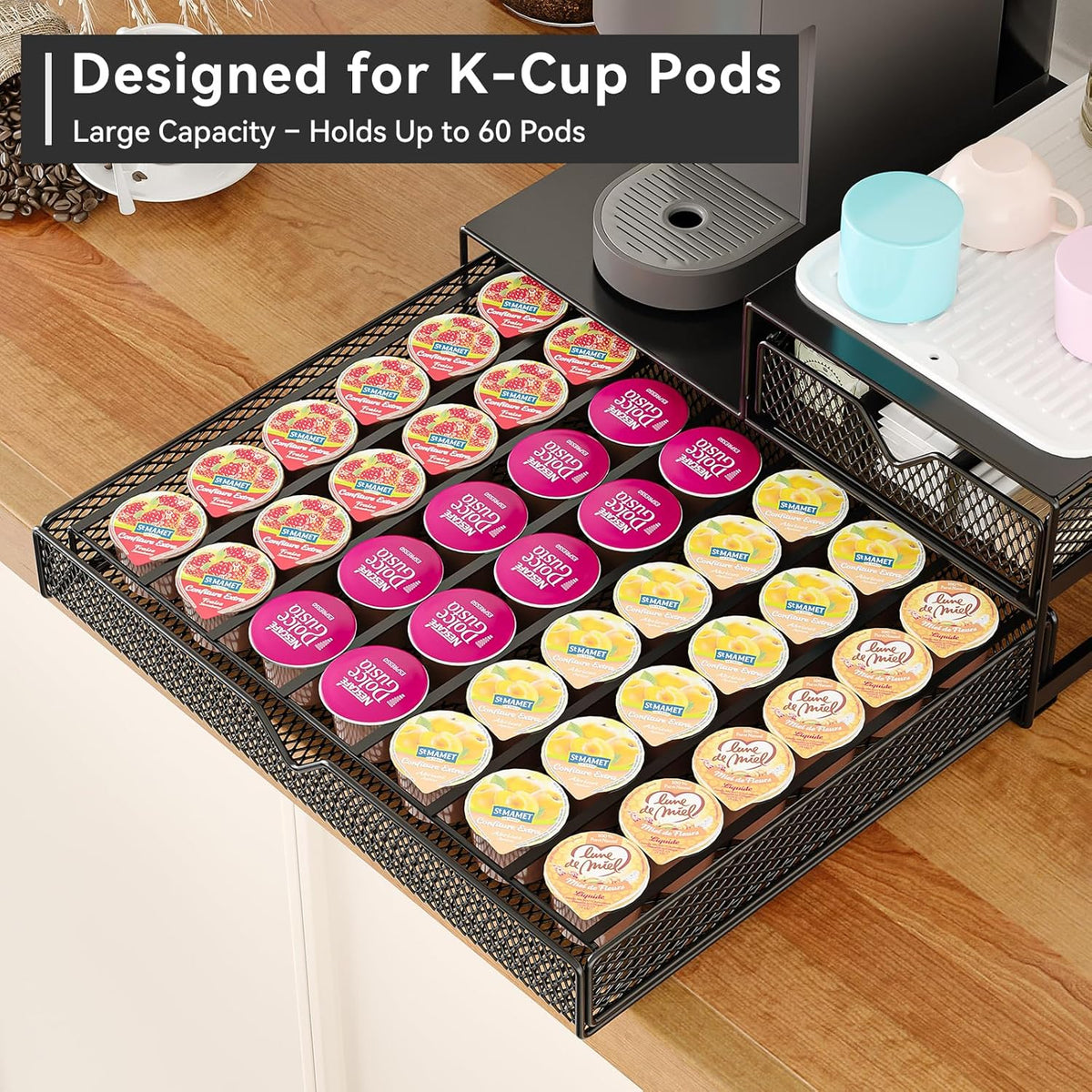 K Cup Organizer for Coffee Station - Sturdy Machine Base 60 Coffee Pod Storage Drawer, Non-Sagging Stand Compatible with Keurig K-Cup Pods, Anti-Vibration, No Assembly (Black)