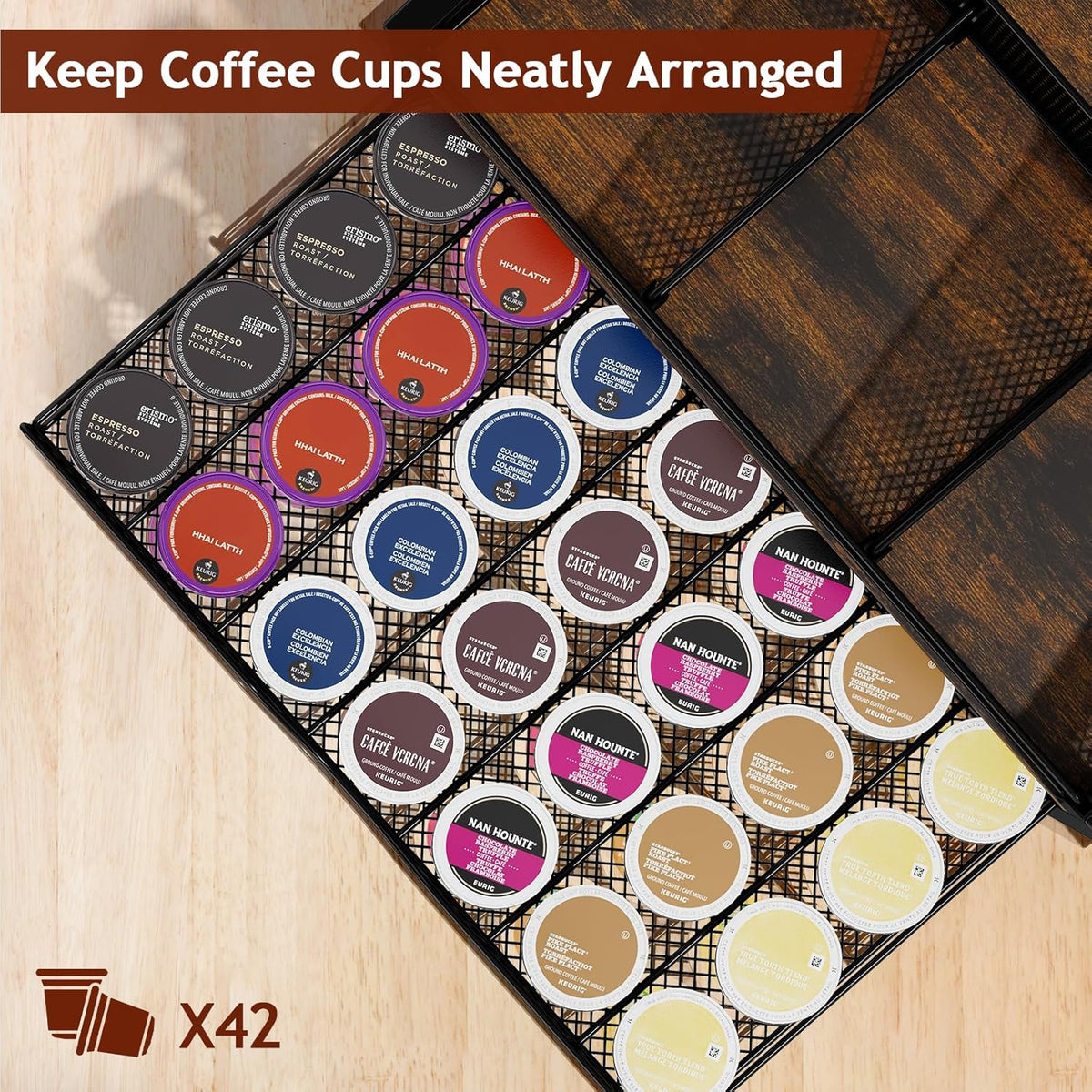 Homsorout Coffee Bar Organizer - Coffee Station for Countertop, Metal and Wood K Cup holder Storage Basket for Coffee Pods, Syrup, Cups, Stirrer, Coffee Condiment, Tea Organizer, Black and Brown