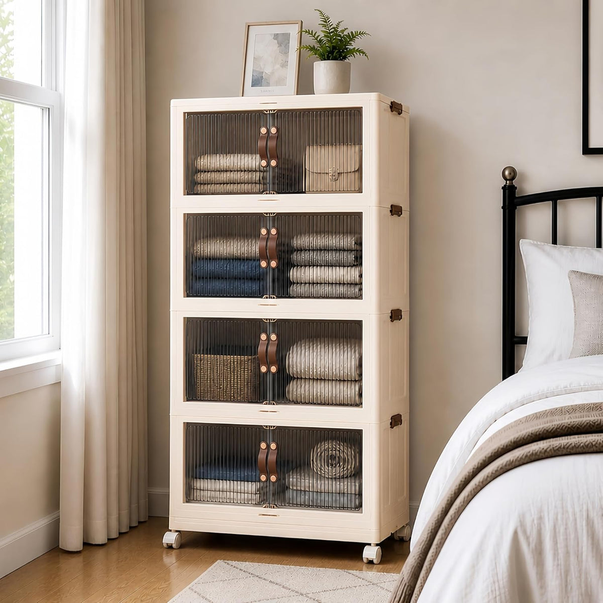 SAILUN 145Gal/580Qt Stackable Storage Bins Folding Collapsible Storage Bins with a Lid, Closet Organizers and Storage,White 26" W x 17" D x 71" H