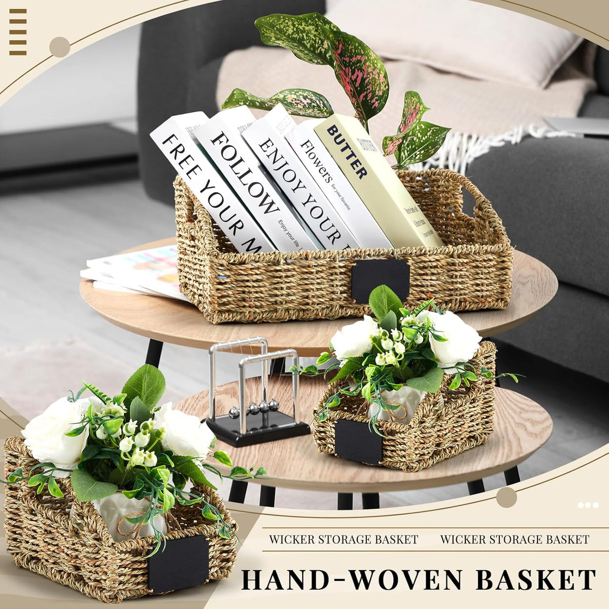 Wonderjune 4 Pcs Water Hyacinth Storage Basket Set Boho Wicker Rattan Pantry Basket with Chalkboard Label Handles Woven Container Kitchen Laundry Large Small for Shelves Food Home Bathroom Decor