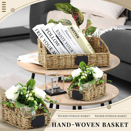 Wonderjune 4 Pcs Water Hyacinth Storage Basket Set Boho Wicker Rattan Pantry Basket with Chalkboard Label Handles Woven Container Kitchen Laundry Large Small for Shelves Food Home Bathroom Decor