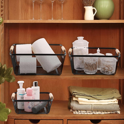 Noamus 3 Pack Metal Mesh Basket with Wooden Handle, Farmhouse Wire Steel Storage Bins, Rectangle Fruit Vegetable Organizer Containers for Home Cabinet Pantry Kitchen Decor, Snack Gift (Black, 3 Size)
