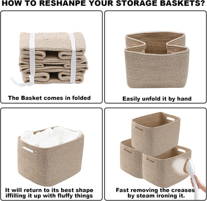 3 Pack Woven Rope Storage Baskets for Shelves,13.5"×11"×9.5" Storage Bins with Handles,Empty Gift Baskets,Nursery Organizer for Toys,Towels,Books,Closet,Living Room,Bedroom (White & Brown)