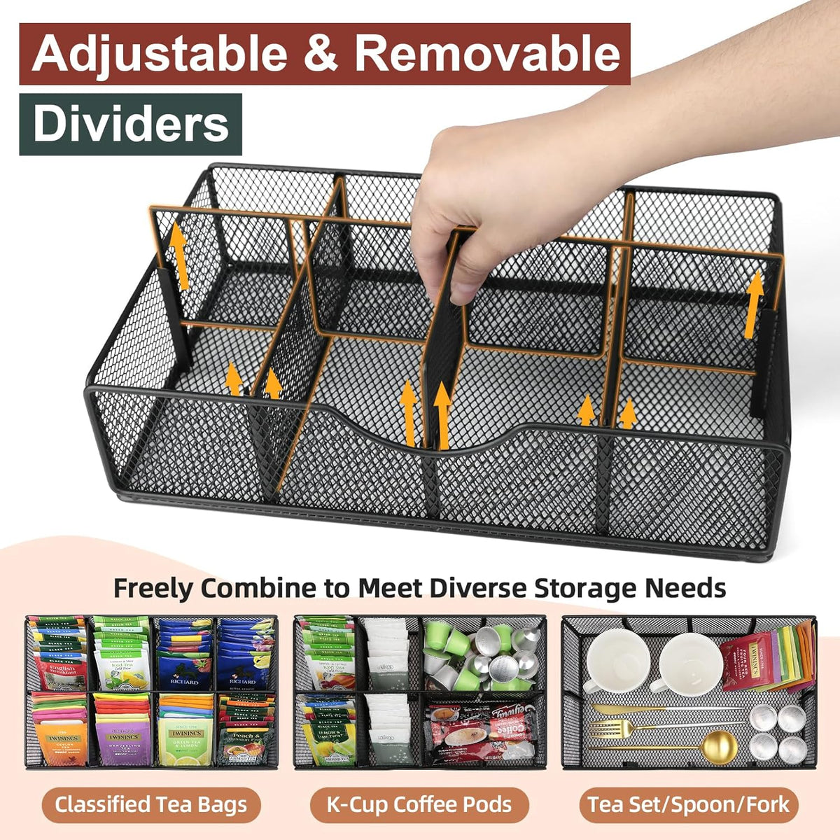 Tea Bag Organizer, Tea Bag Holder Organizer with 8-Compartment Adjustable Drawer, Wood & Metal Tea Box Organizer Chest for Countertop Kitchen, Office