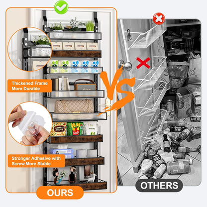 8 Tier Pantry Door Organizer Spice Rack, 2-IN-1 Wall Mount or Hanging Over Door Seasoning Organizer with Adjustable Baskets, Heavy Duty Behind Door Storage Shelves for Pantry, Cabinet and Kitchen