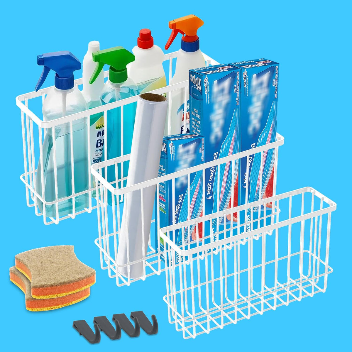 Cabinet Door Organizer Basket 2 Pack, Foil and Plastic Wrap Organizer with 2 Sponges, Lid Organizers Inside Cabinet, Metal Basket for Kitchen Organizers and Storage, Utility, Black (Medium,Large)