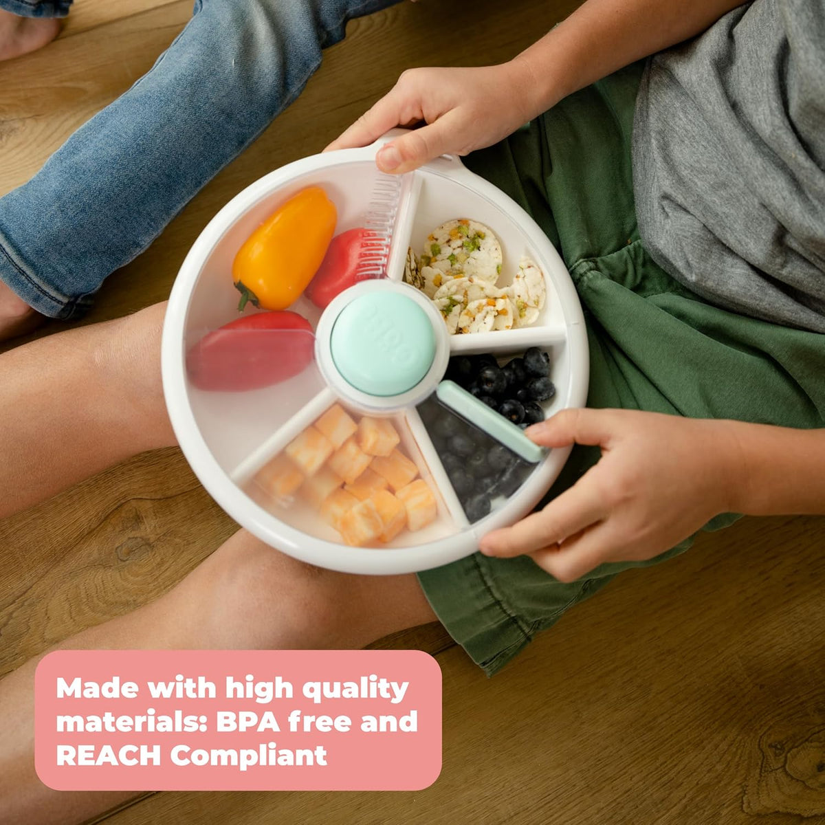 GoBe Kids Small Snack Spinner Slide Bundle with Hand Strap and Sticker Sheet - Reusable Snack Container with 5 Compartment Dispenser and Lid | BPA/PVC Free | Dishwasher Safe | No Spill - Coral Pink