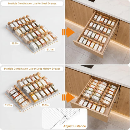 LETGO 8 Pack Adjustable Spice Rack for Drawer- Expandable From 11" to 22" Expandable Spice Drawer Organizer 4 Tiers Acrylic Seasoning Organizer Rack,Clear Spice Rack Tray for Spices,Condiment (8)