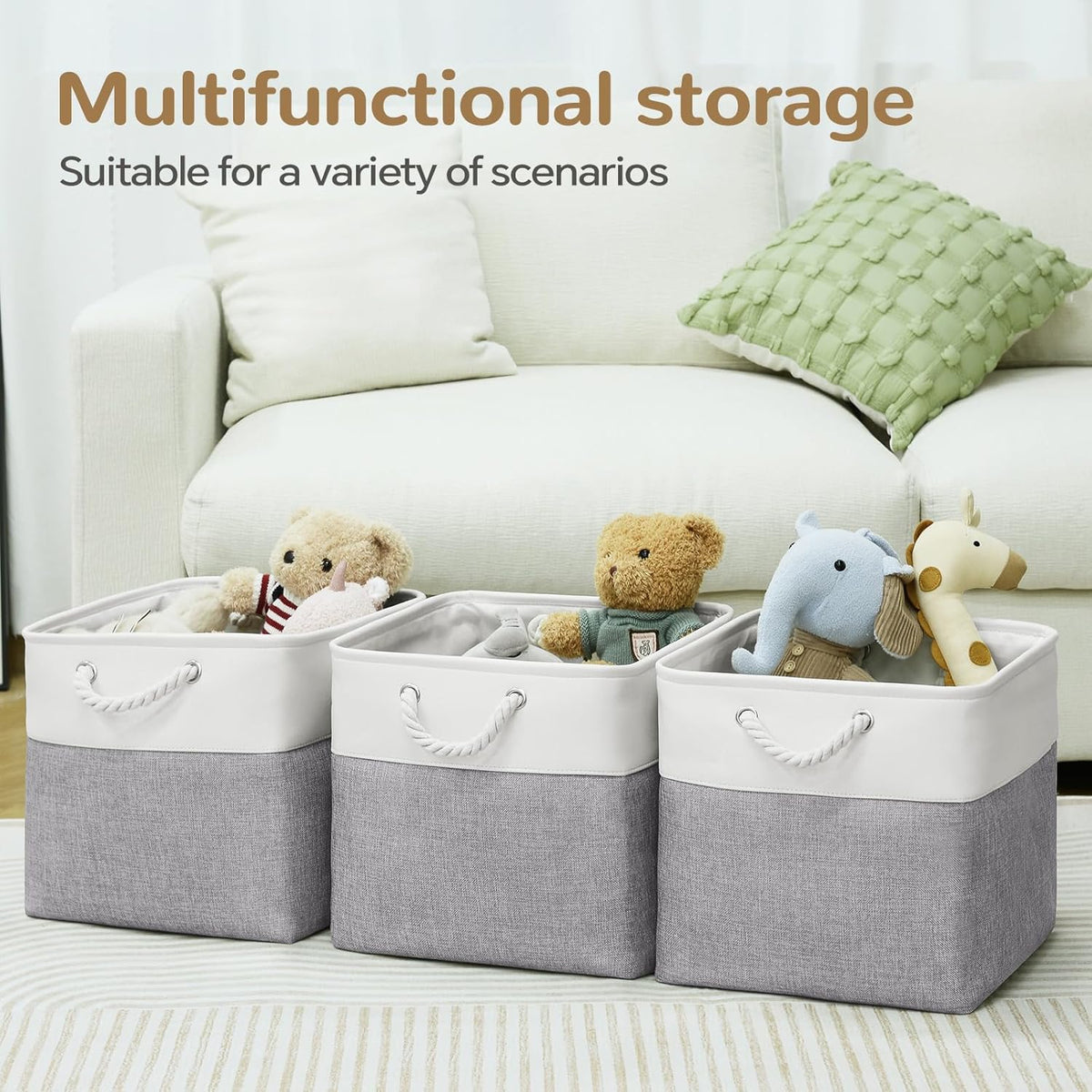 Large Storage Baskets- 15.7x11.8x8.26 inch Storage Bins for Shelves and Closet Organizing, Foldable Fabric Bin for Home Organization Clothes and Laundry (3-Pack, White&Khaki)