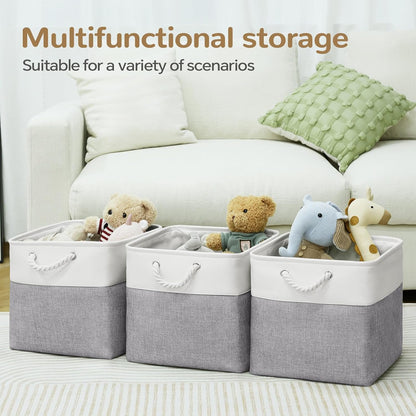 Large Storage Baskets- 15.7x11.8x8.26 inch Storage Bins for Shelves and Closet Organizing, Foldable Fabric Bin for Home Organization Clothes and Laundry (3-Pack, White&Khaki)