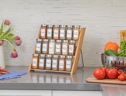 Orii 18 Jar Bamboo Compact Spice Rack with Spices Included & 5-Year Free Spice Refill Program for Countertop or Kitchen Drawer with Glass Jars