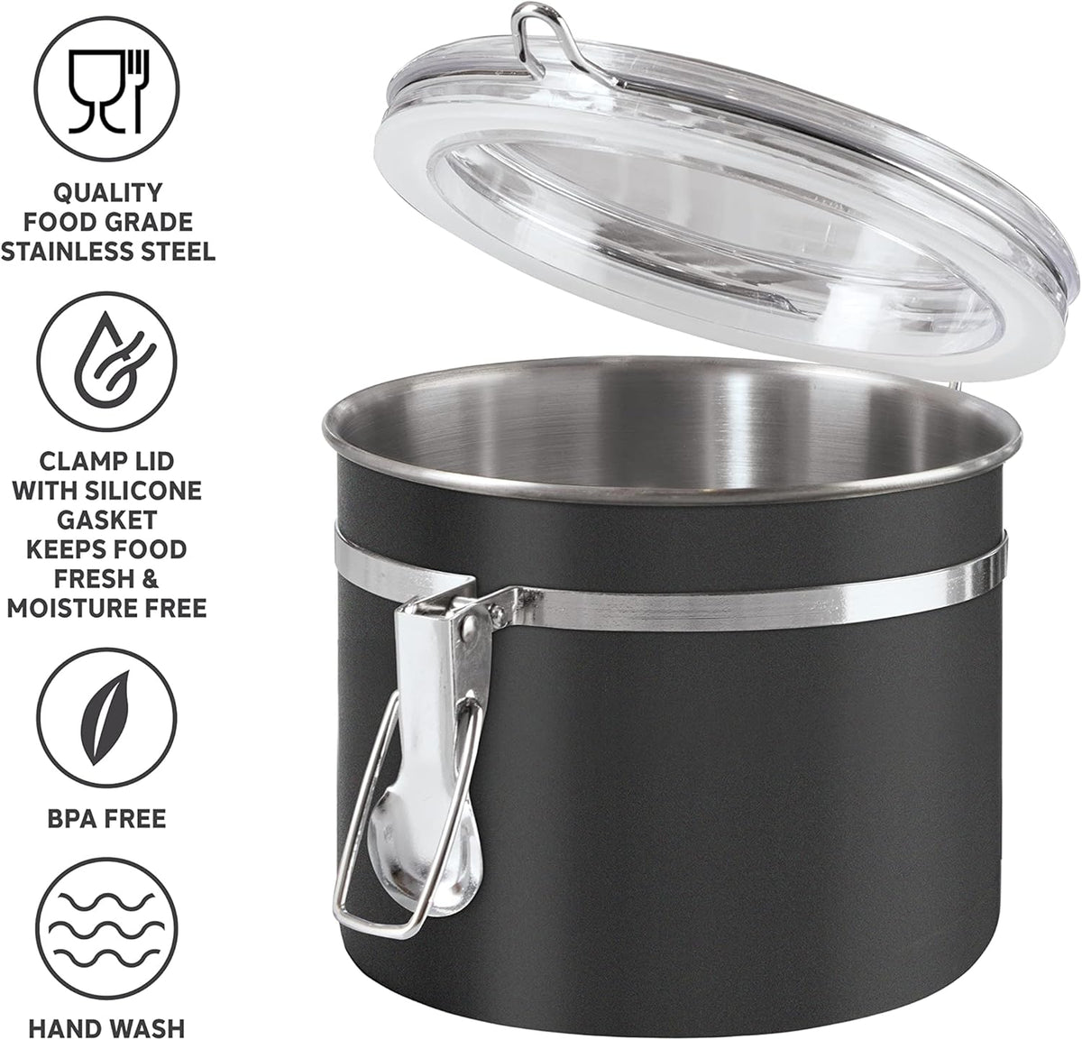 Oggi Stainless Steel Kitchen Canister 152 fl oz - Airtight Clamp Lid, Clear See-Thru Top - Ideal for Kitchen Storage, Food Storage, Pantry Storage. Jumbo Size 8" x 8".
