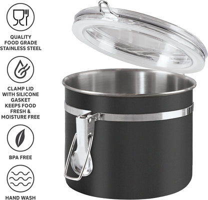Oggi Stainless Steel Kitchen Canister 152 fl oz - Airtight Clamp Lid, Clear See-Thru Top - Ideal for Kitchen Storage, Food Storage, Pantry Storage. Jumbo Size 8" x 8".