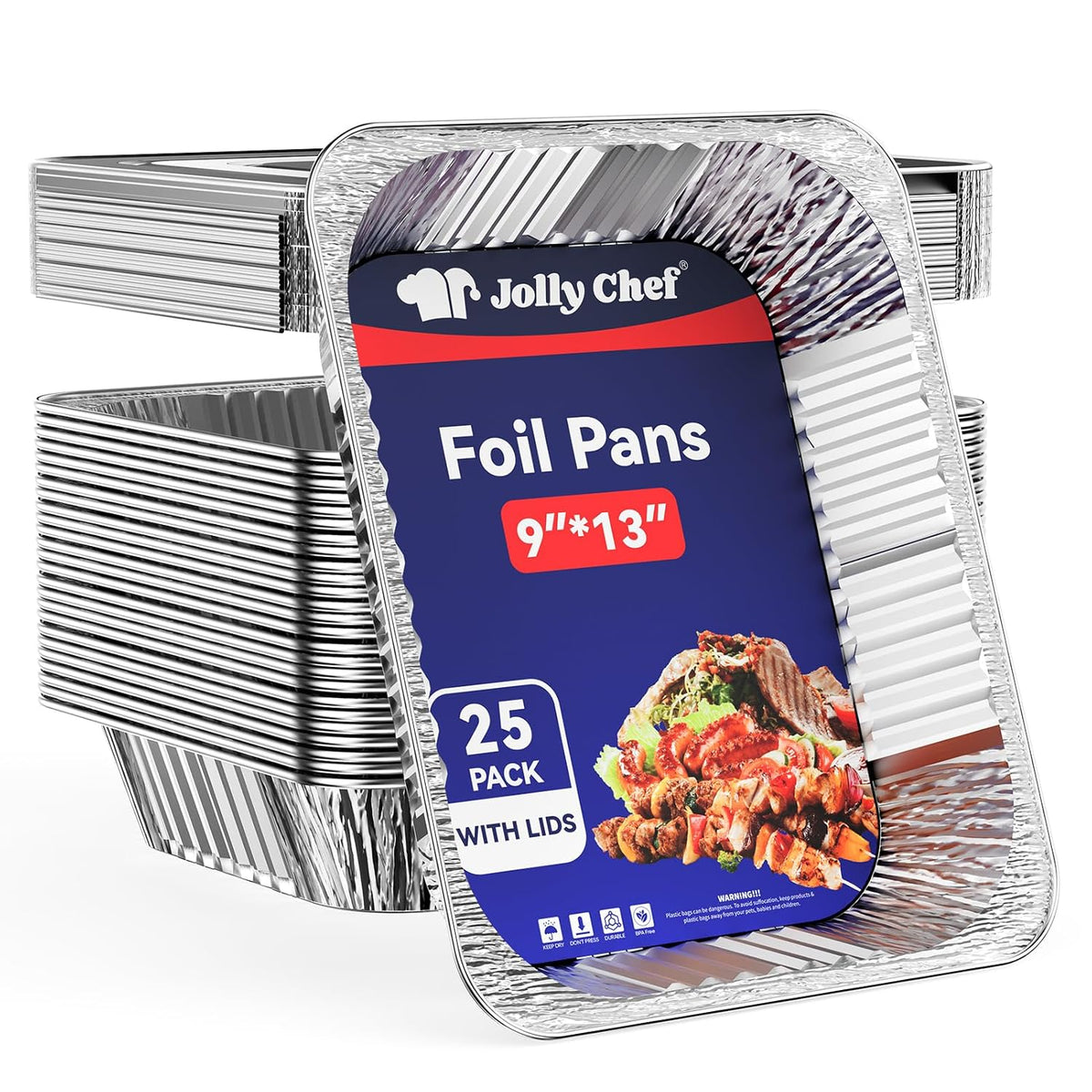 JOLLY CHEF 9x13 Aluminum Pans with Lids - Disposable Foil Food Containers with Lids for Cooking, Heating, Storing, Prepping Food- Thanksgiving, Christmas, Parties