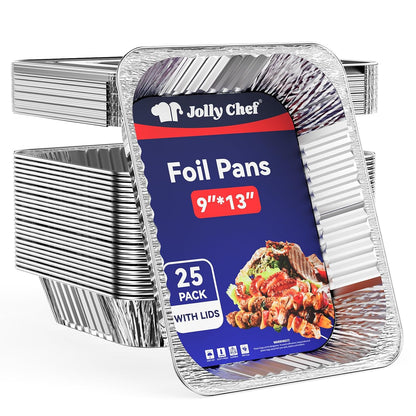 JOLLY CHEF 9x13 Aluminum Pans with Lids - Disposable Foil Food Containers with Lids for Cooking, Heating, Storing, Prepping Food- Thanksgiving, Christmas, Parties